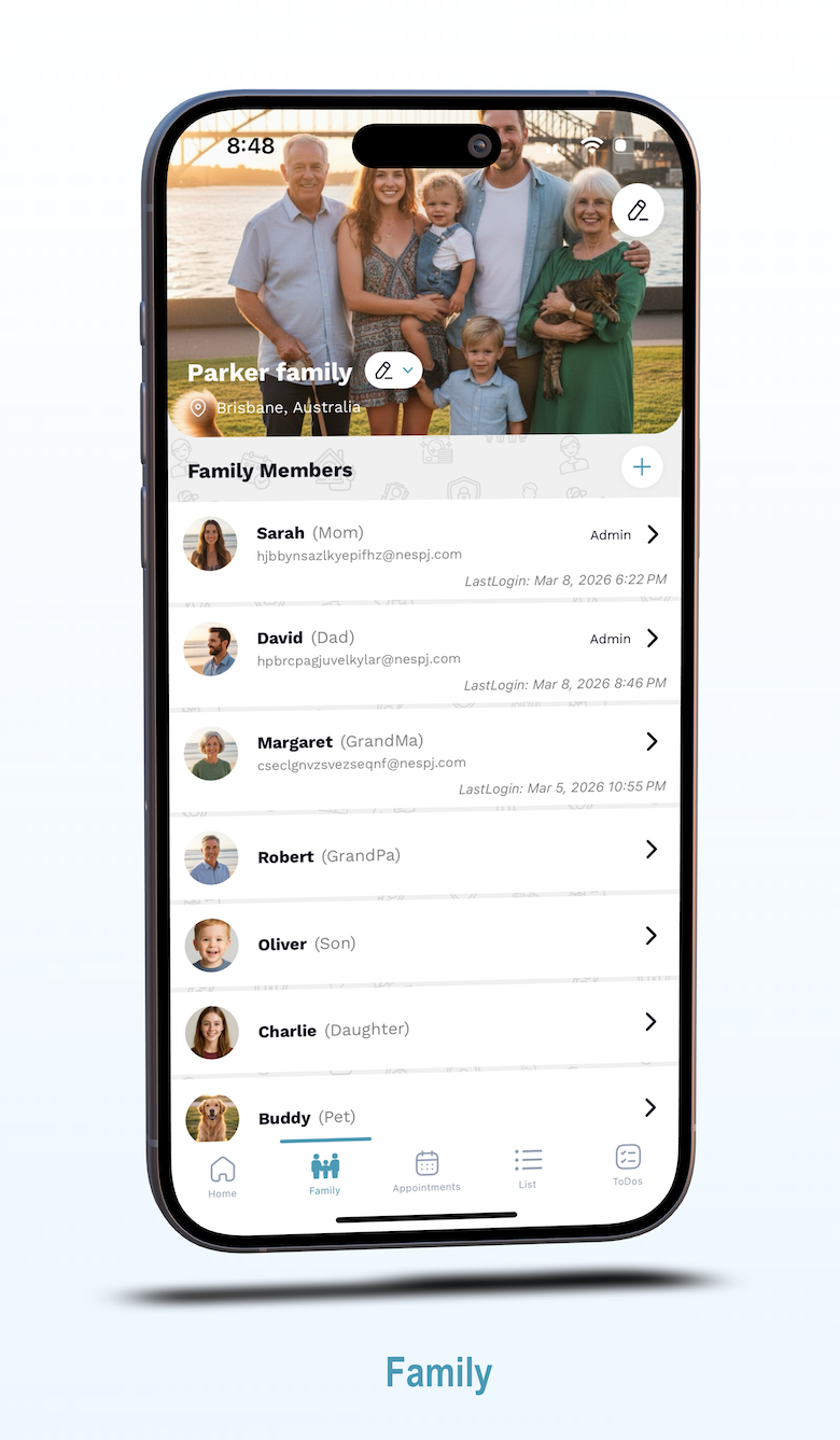 FamilyFeed family tab showing connected members