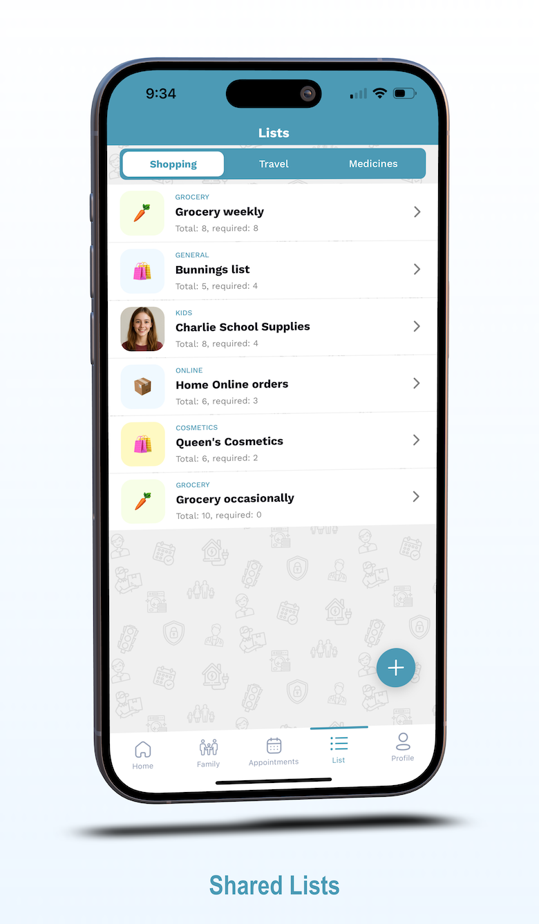 FamilyFeed shared lists interface