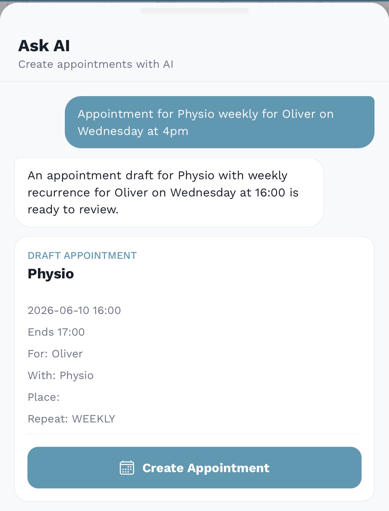 AskAI repeat appointment prompt example