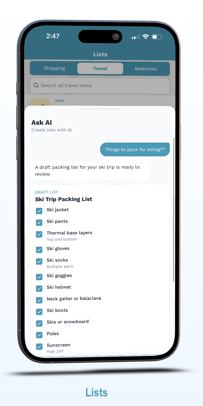 AskAI travel list draft screen