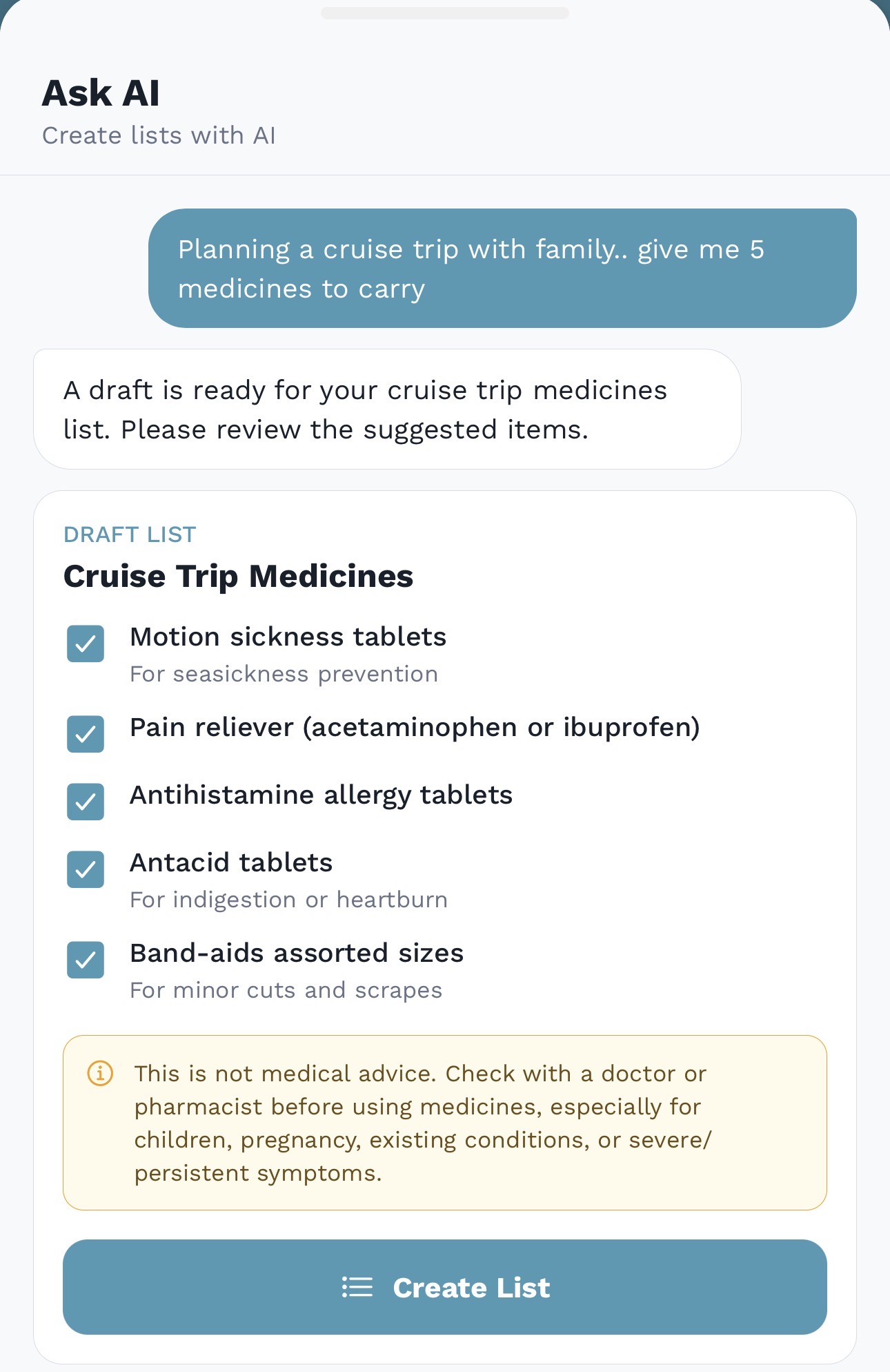 AskAI cruise medicines list prompt example